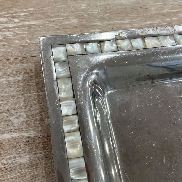 Antique Towle Silver Mother of Pearl & Aluminum Square Serving Tray 12 " x 12 " - Picture 4 of 8